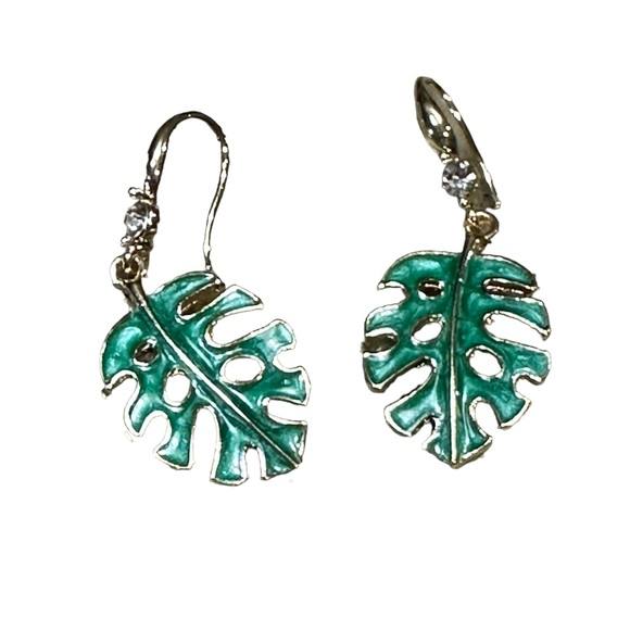 Gold and Green Monstera Leaf Drop Earrings - Picture 2 of 6